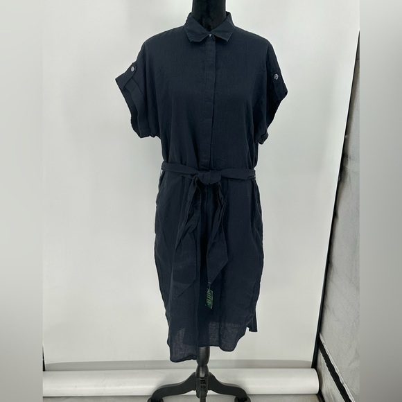 NEW LAUREN RALPH LAUREN 100% Linen Button Front Navy Shirt Dress w/Belt Y7 - Picture 1 of 6